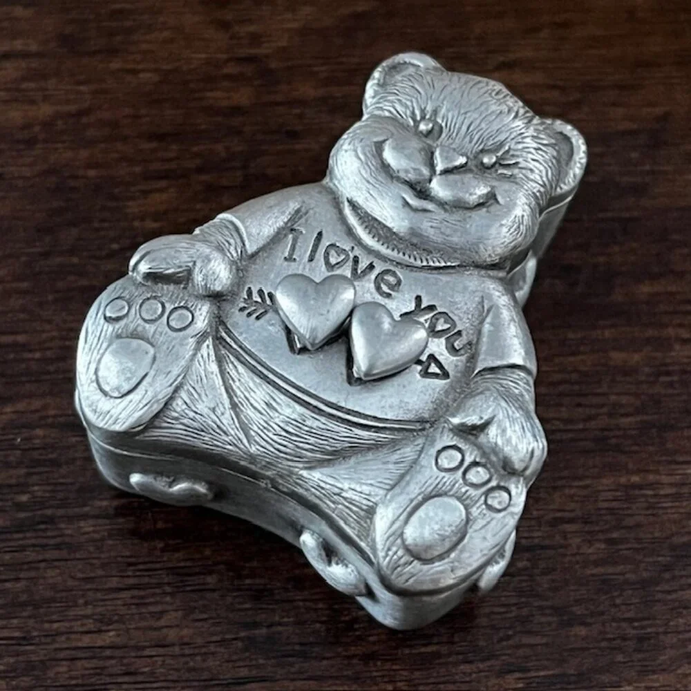 Vintage Pewter Jewlery Set Bear Trinket Box Earrings Necklace Brooch Pin Child